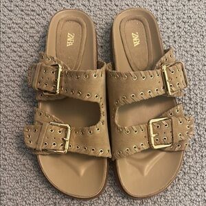 Zara Beige Sandals with Gold Accents. Never worn